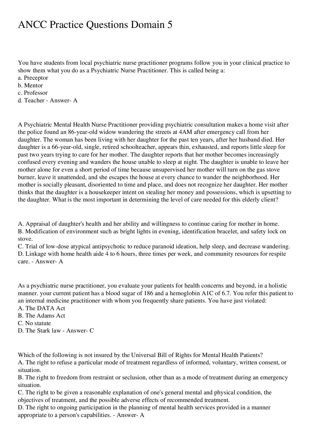 Preview image for ANCC Practice Questions Domain 5